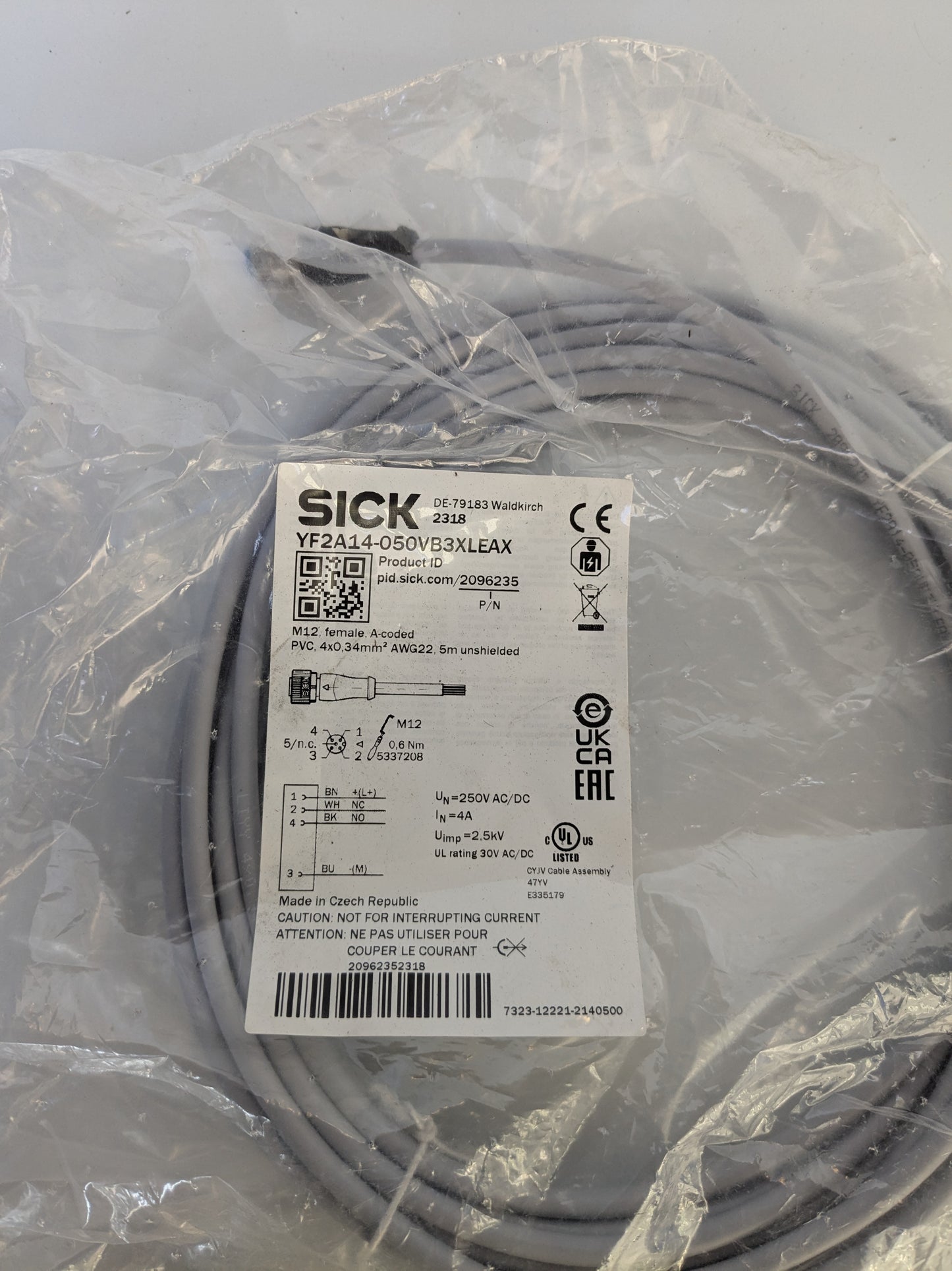 *NEW* SICK Straight Female 4 way M12 to 4 way Unterminated Sensor Actuator Cable, 5m - Robot Hub